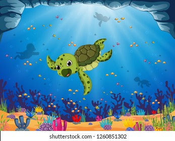 vector illustration of a young green turtle is swimming under the blue sea view