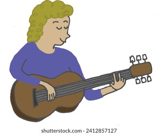 Vector illustration of a young guitarist playing an acoustic guitar. He enjoys strumming the guitar until the string sound melodiously. Practicing to perform at a music concert.
