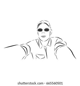 Vector illustration of a young guy in black glasses and a shirt with rolled up sleeves making a selfie painted black brush strokes on a white background.