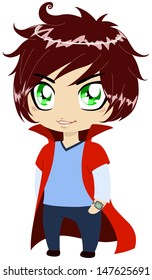 A vector illustration of a young guy in blue shirt and pants wearing red cape.