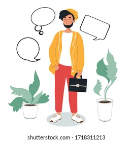 Vector illustration with a young guy with a briefcase and dialogs on a white background. Concept office, communication