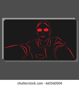 Vector illustration young guy in a cap, dark glasses, shirt with a pocket making a self drawn red brush strokes on a dark gray background with gray tiles in the background