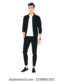 Ilustración vectorial. Joven con traje gris oscuro y camiseta blanca. Una Imagen que combina estilo y confort.