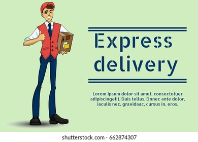 Vector illustration of a young guy delivering goods. Cartoon styled deliveryman. Delivery service