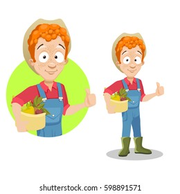 Vector illustration of young guy farmer with a basket of vegetables showing thumbs up isolated on a white background