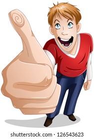 A vector illustration of a young guy giving a thumbs up and smiling.