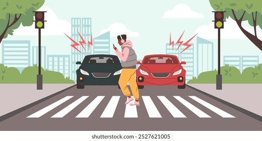 Ilustração vetorial de um jovem com fones de ouvido, que, distraído por seu telefone, atravessa a estrada com uma luz verde, os carros estão dirigindo perto da velocidade