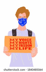 Vector illustration of a young guy with posters for the demonstration. The protesting guy defends his voice, choice, freedom. A man with transports: my voice, my rights, my freedom, my life.