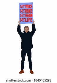 Vector illustration of a young guy with posters for the demonstration. The protesting guy defends his voice, choice, freedom. A man with transports: my voice, my rights, my freedom, my life.