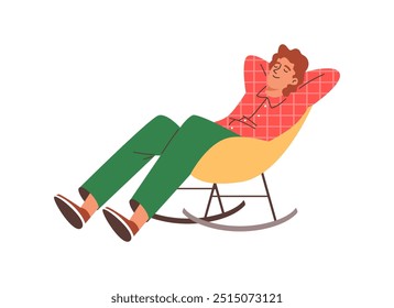 Vector illustration of a young guy resting on a retro rocking chair with wooden legs and upholstered upholstery. Stylish is ideal for home and leisure.