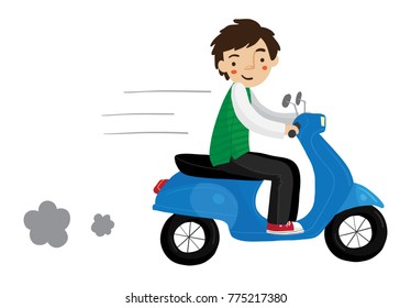 Vector illustration of young guy riding a blue motorcycle isolated against a white background