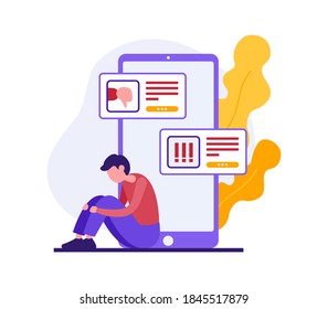 Vector illustration of young guy sitting near huge smartphone and embracing knees while experiencing bulling in social media on autumn day