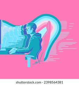 Vector illustration of a young guy sitting in front of his computer.