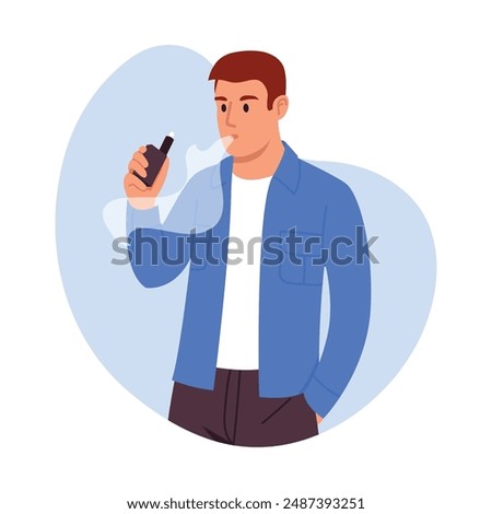 Vector illustration of a young guy smoking an electronic cigarette. Cartoon scene of a guy who takes a puff and releases steam from his mouth, wearing a white t-shirt, blue shirt, and dark pants.