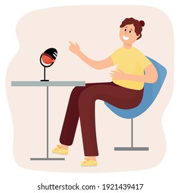 Vector illustration of a young guy speaking into a microphone, recording an audio podcast. The radio host has his own heading.