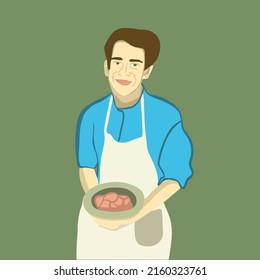 Vector illustration of a young guy who cooked a dish.