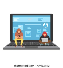 Vector illustration of young hackers sitting on the laptop trying to hack into the security system.