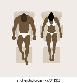 Vector illustration of a young handsome couple laying on a comfortable chair from above