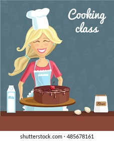 Dibujo vectorial con una joven rubia feliz horneando pastel de chocolate con fondo azul oscuro con bizcochos. Cartel, volante y plantilla para clases culinarias y escuelas de cocina.