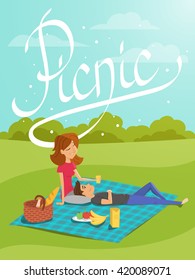 Vector illustration of young happy couple having picnic in the park. Hand drawn word "picnic". Template for poster.