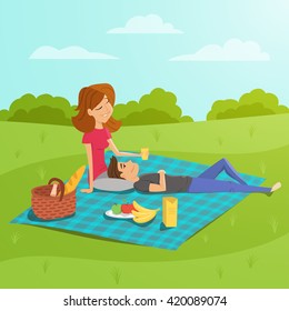 Vector illustration of young happy couple having picnic in the park. 