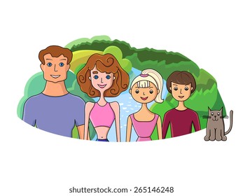 Vector illustration of young happy family posing