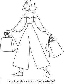 Vector illustration of a young happy fashionably dressed woman in a croptop and wide pants with a high waist, with short hair, happy with shopping. A woman carries packages with bargains from the sale
