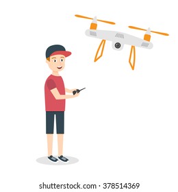 Vector illustration of young happy man with quadrocopter or drone. Air drone hovering in the sky.