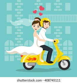 Vector illustration of young happy newlyweds bride and groom riding on scooter. Retro style transport, vintage looking moped. Honeymoon. Vector print for card or poster design.