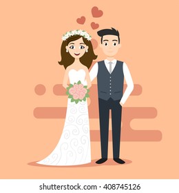 Vector illustration of young happy newlyweds bride and groom. Just married couple. Illustration for print, web.