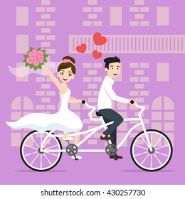 Vector illustration of young happy newlyweds bride and groom riding on tandem duo bicycle. Honeymoon. Print for card or poster design.