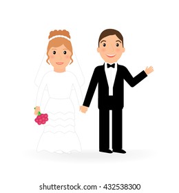 Vector illustration of young happy newlyweds bride and groom.