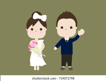 Vector illustration of young happy newlyweds bride and groom. Just married couple. Illustration for print