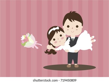 Vector illustration of young happy newlyweds bride and groom. Just married couple. Illustration for print