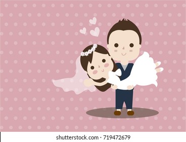 Vector illustration of young happy newlyweds bride and groom. Just married couple. Illustration for print