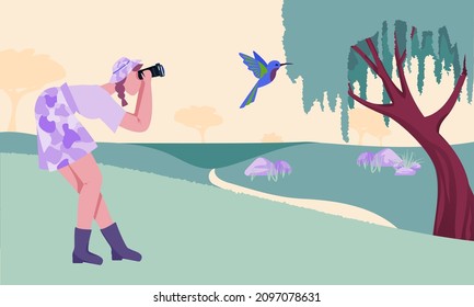 Vector illustration of young happy ornithologist girl watching bird with binoculars. Cartoon scientist, tourist, volunteer character search for new colibri species in wild nature. Outdoor hobby.