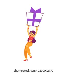 Vector illustration of young happy smiling woman holding big wrapped and decorated with ribbon and bow gift box over her head in flat style - isolated girl receiving or giving present.