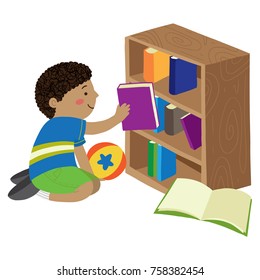 Vector illustration of young hispanic or black boy taking a book from a bookshelf