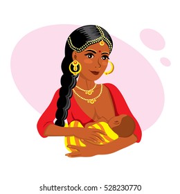 Vector Illustration Of Young Indian Mother Holding Her Newborn Baby Child In Her Arms Breastfeeding. Culture Traditional Clothes Woman And Kid Happy Person.