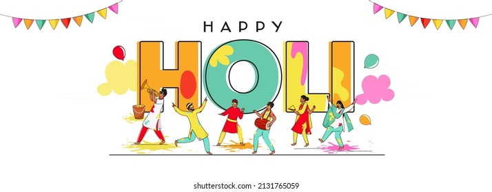 Vector Illustration Of Young Indian People Celebrating Holi Festival Together And Bunting Flags On White Background.