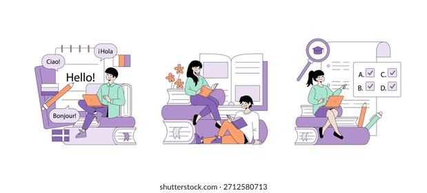 Vector illustration of young individuals studying languages, reading, and preparing for exams with digital tools. Features diverse expressions of enthusiasm and focus in an educational setting.