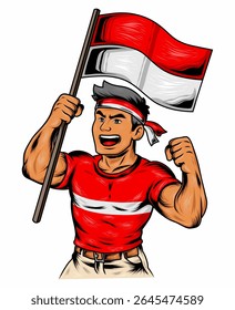 Vector illustration of a young Indonesian man holding the national red and white flag, showing his patriotism and pride. Perfect for independence day, national celebrations, and youth spirit themes.