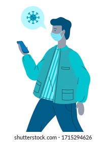 Vector illustration of young infected virus man wearing face medical mask with phone in hands. Guy spread the virus through touching to gadget. Concept of spreading coronavirus despite of medical mask