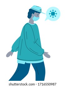 Vektorillustration-Illustration eines jungen infizierten Virusmanns mit Gesichtsmaske. Virale Pandemie, Typ, der Erreger in Schutzmaske überträgt. Coronavirus 2019-Ncov-Grippe-Ausbreitung. Konzept des Krankheitsvirus-Symptoms