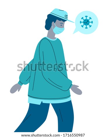 Vector illustration of young infected virus man wearing face medical mask. Viral pandemic, guy transmitting pathogen in protective mask. Coronavirus 2019-ncov flu spread. Illness virus symptom concept
