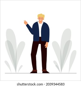 Vector illustration. A young jolly guy with blond hair stands and makes a hand gesture