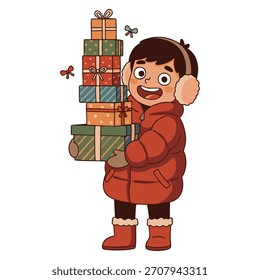 Vector illustration of a young kid carrying a heavy pile of colorful Christmas presents isolated on white background