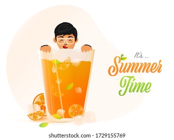 Vector Illustration der jungen Kid Slurping kalten Drink, Sommerzeitkonzept. 