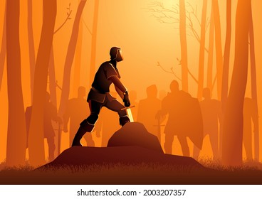 Vector Illustration Of The Young King Arthur Pulls The Excalibur