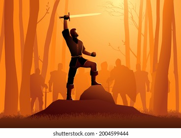 Vector Illustration Of The Young King Arthur Holding The Excalibur